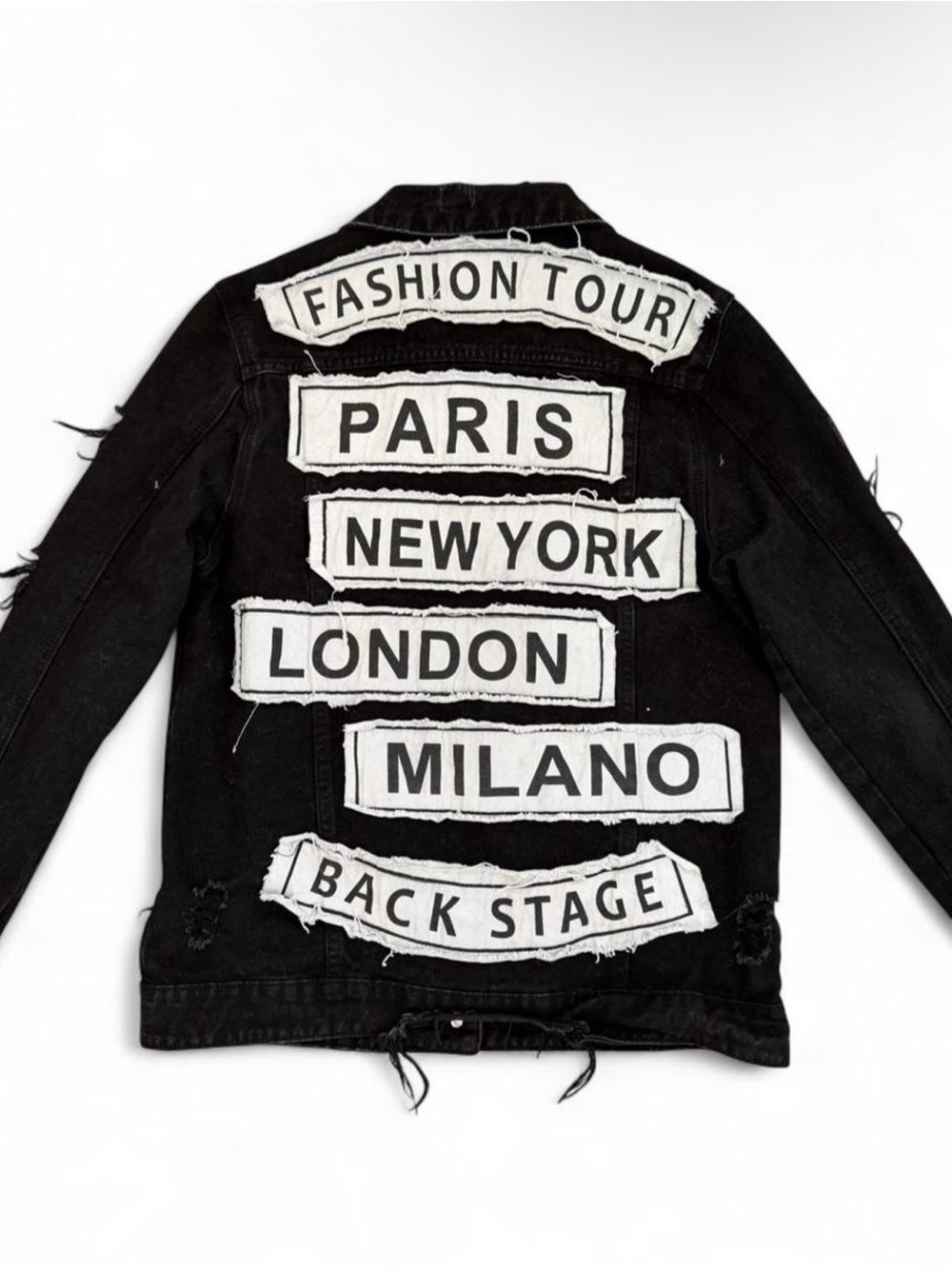 Fashion Nova Black 'Fashion Tour' Patchback Denim Jacket
